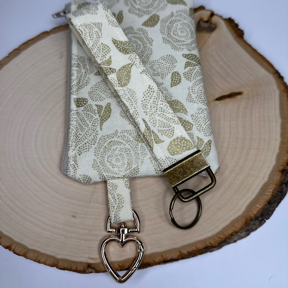 Metallic Gold Floral Rose Zipper Pouch Wristlet with Removable Strap - Picture 2 of 3